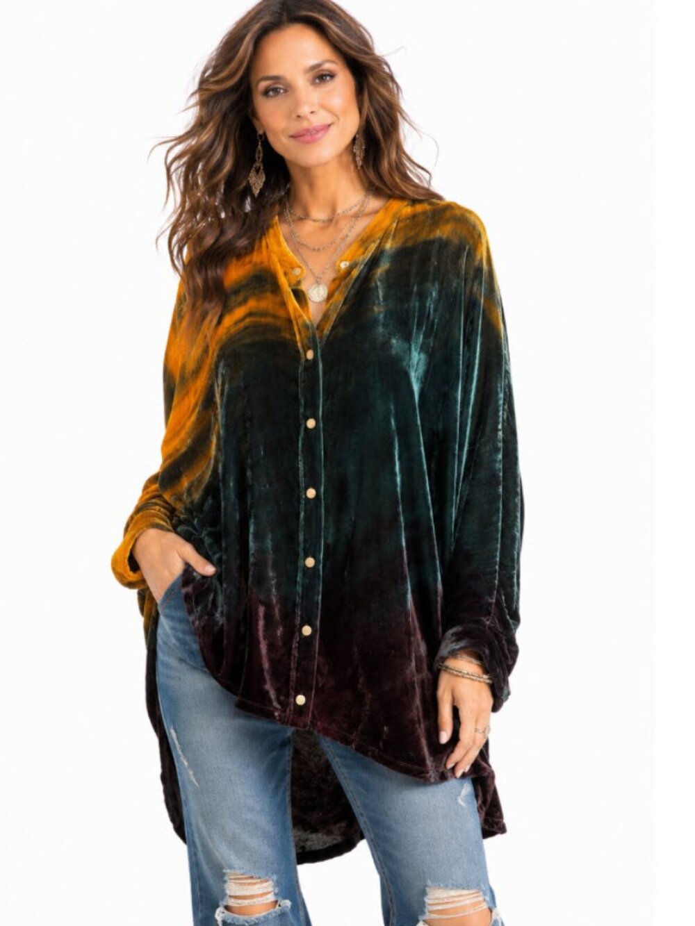 Johnny Was Ombre Velvet Oversized Button Down Silk Blend Boho Top Large